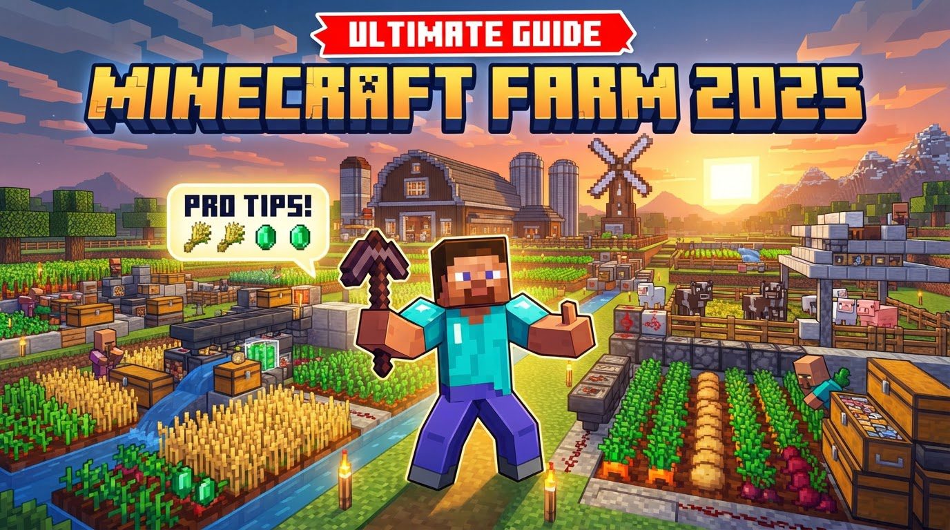 An intricate Minecraft farm featuring Redstone contraptions, flowing water, villager workstations, and automatic crop harvesting, all neatly contained within a large, well-lit structure.