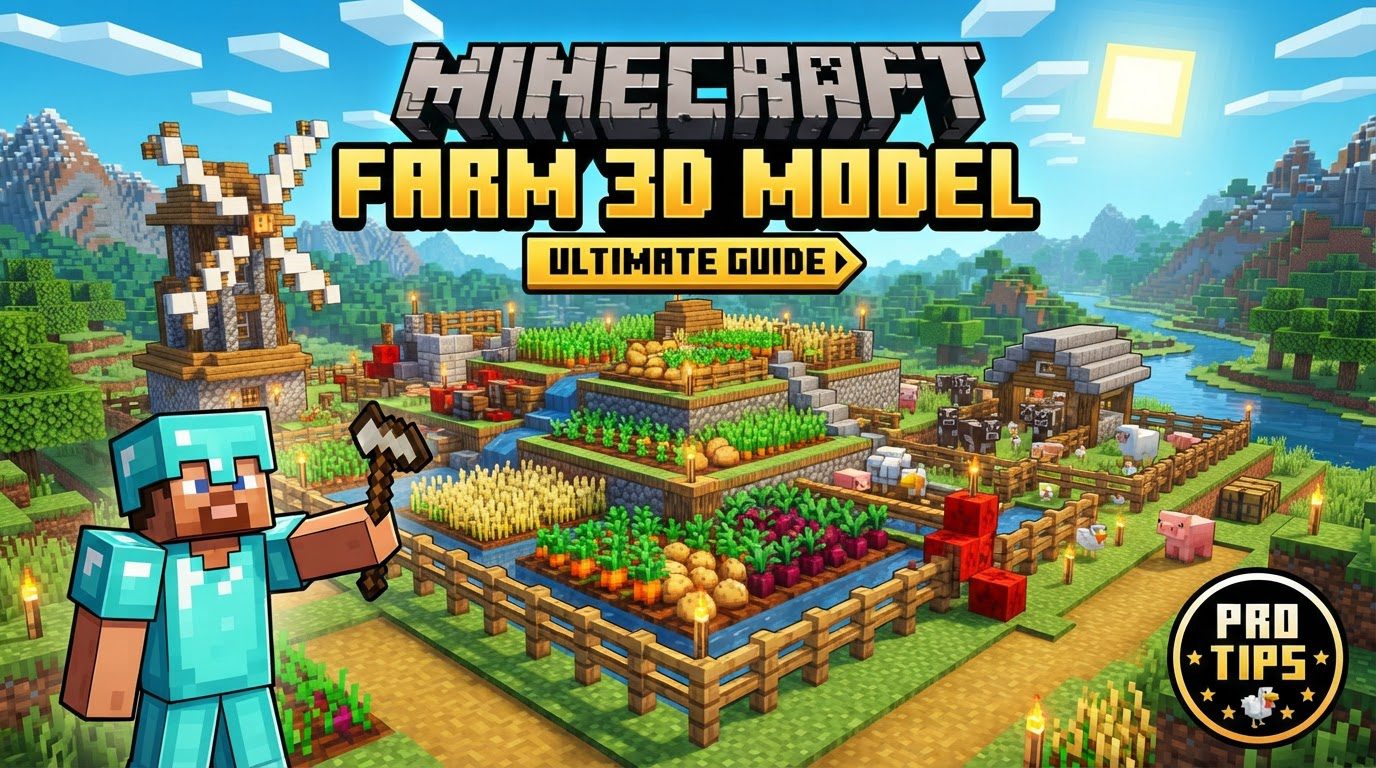 A player standing in a vibrant Minecraft farm with diverse 3D crops and an automated collection system.