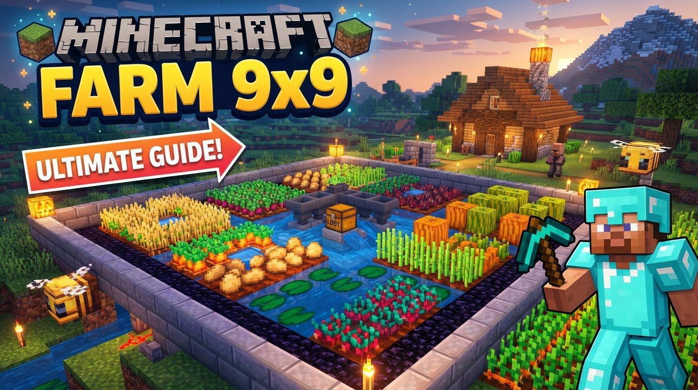 A lush, green 9x9 Minecraft farm with a central water block, surrounded by thriving wheat crops and illuminated by torches at dusk.