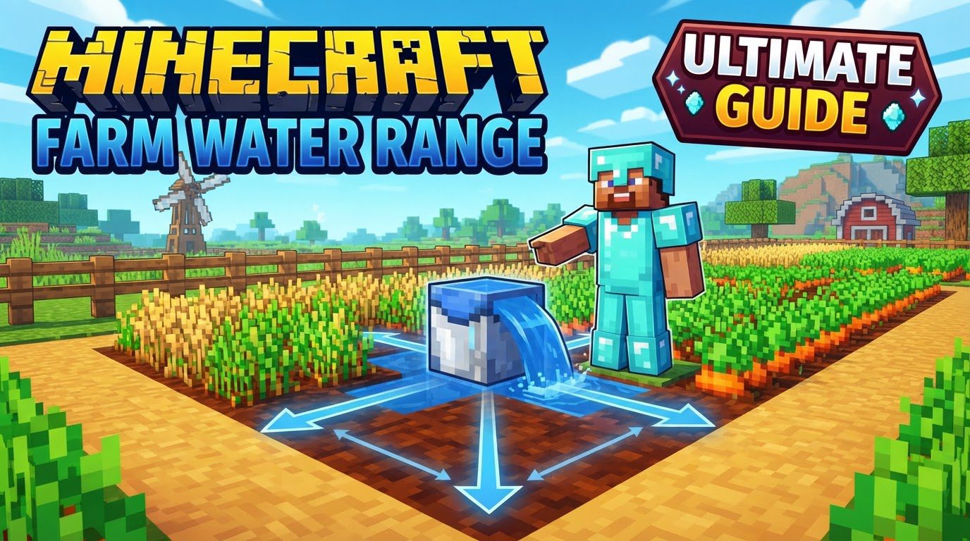 An aerial view of a Minecraft farm showing a checkerboard pattern of water blocks and hydrated farmland, with rows of growing crops.