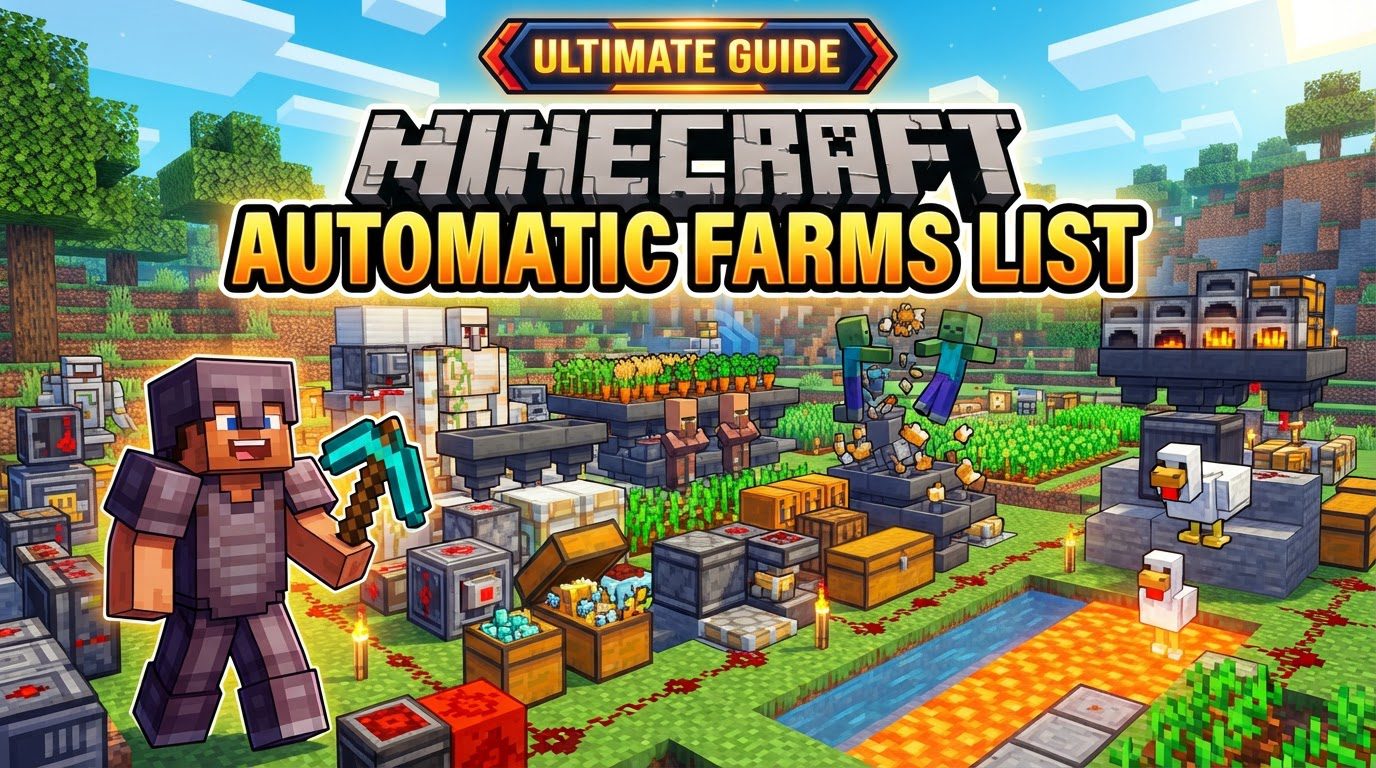 A complex Minecraft automatic farm with pistons, water channels, hoppers, and chests, efficiently producing resources.