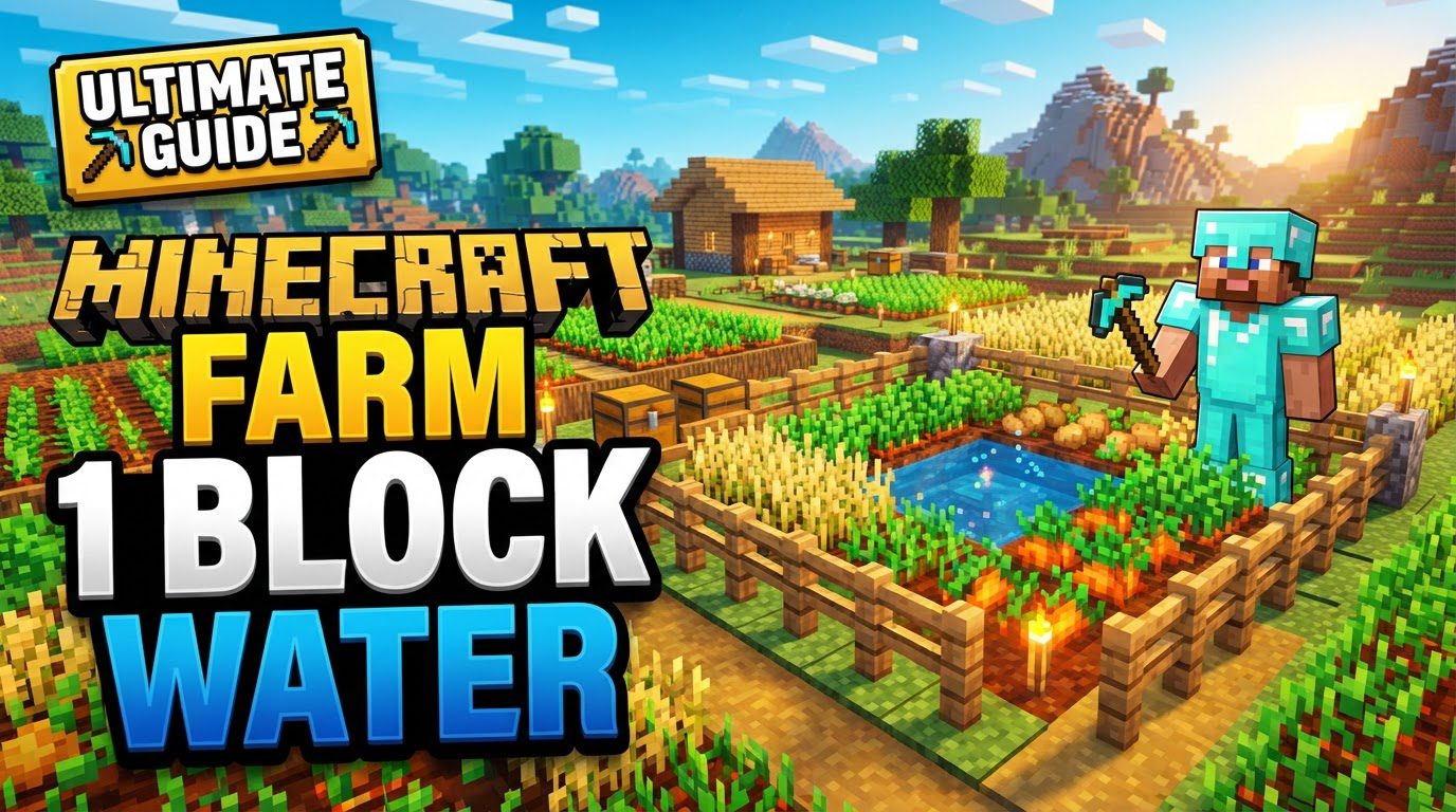 A lush, well-lit Minecraft farm with rows of growing wheat and carrots surrounding a central water block.
