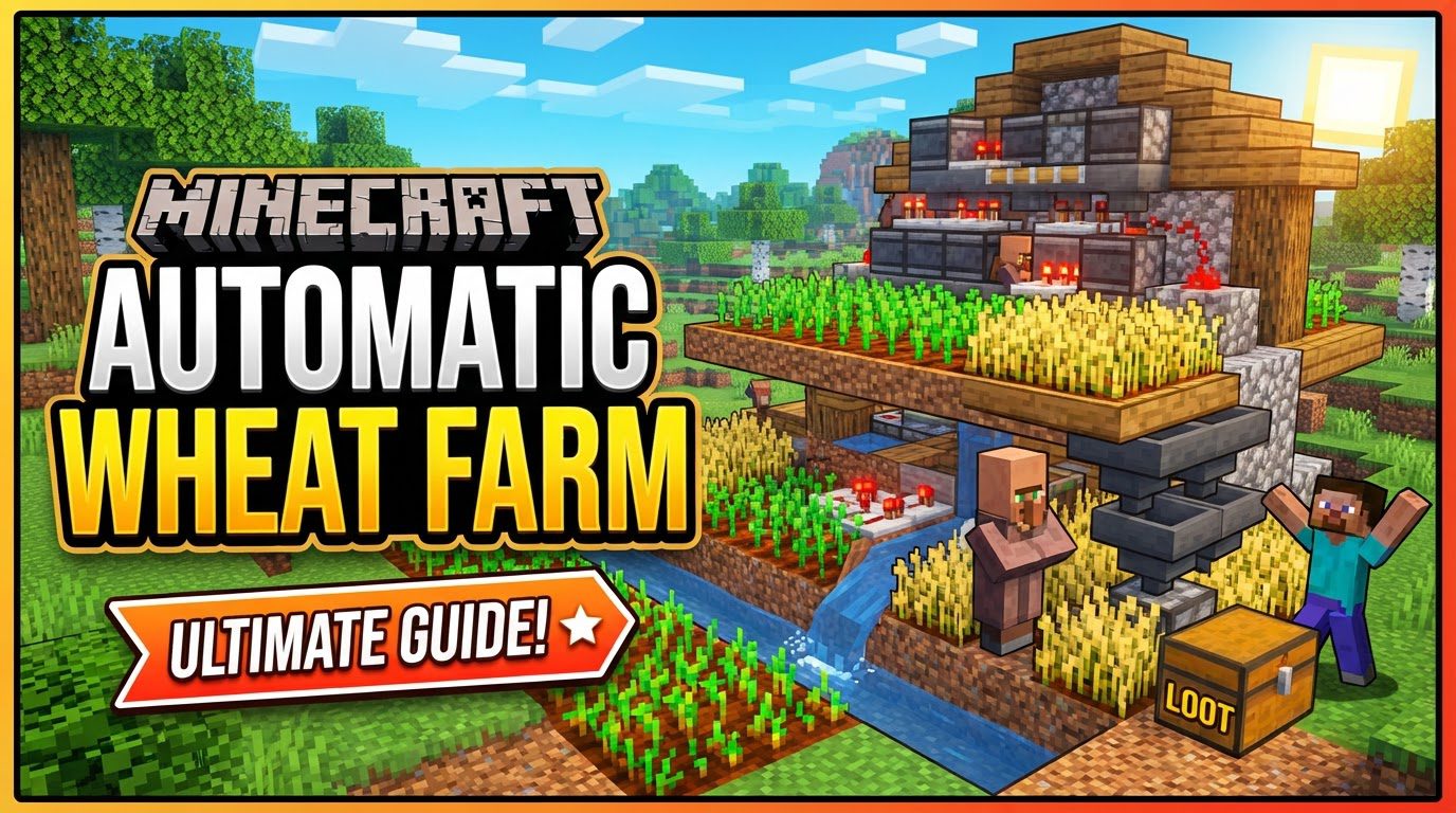 A fully automated Minecraft wheat farm with flowing water harvesting crops, hoppers collecting items, and a villager tending to the farmland under artificial light.