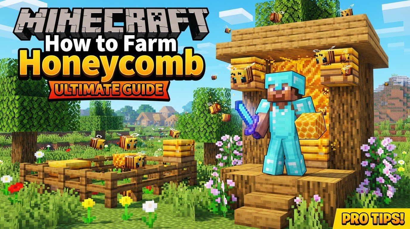 A well-organized Minecraft honeycomb farm with multiple beehives, observers, dispensers, and a collection system, surrounded by flowers and glass.