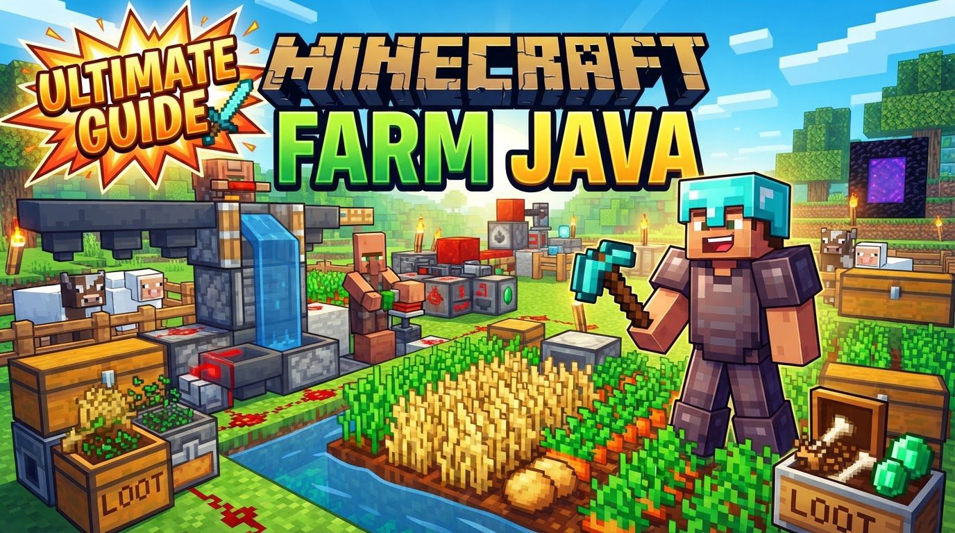A detailed view of a semi-automatic wheat farm in Minecraft Java, showing rows of hydrated farmland, a water channel for harvesting, and collection hoppers leading into chests.