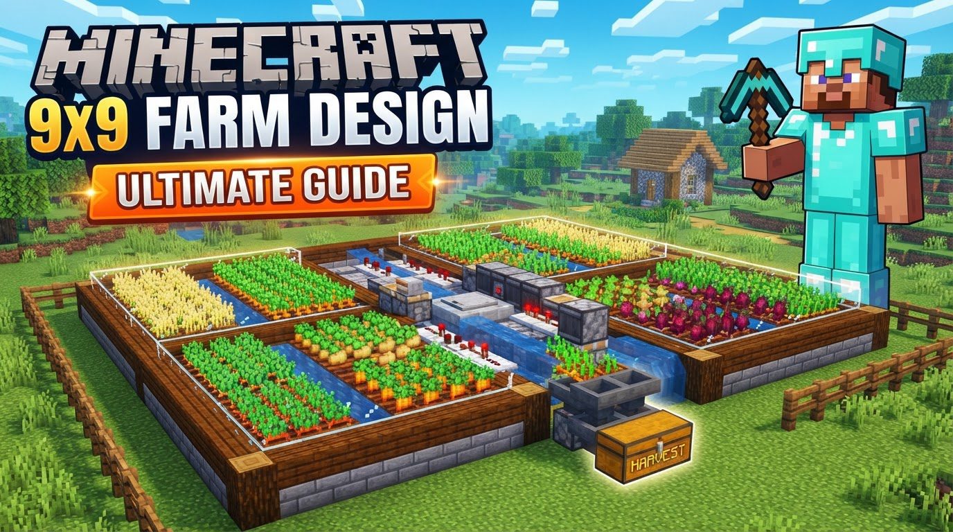 An aerial view of a vibrant 9x9 Minecraft farm with a central water block, surrounded by diverse crops, illuminated by torches, and enclosed by a wooden fence.