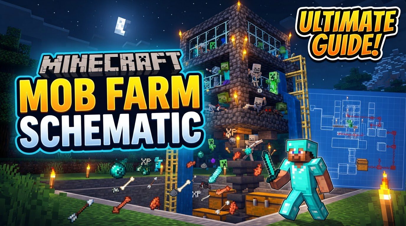 A multi-layered Minecraft mob farm schematic, showing dark spawning platforms with water streams funneling mobs into a central drop shaft, leading to a collection system of hoppers and chests.