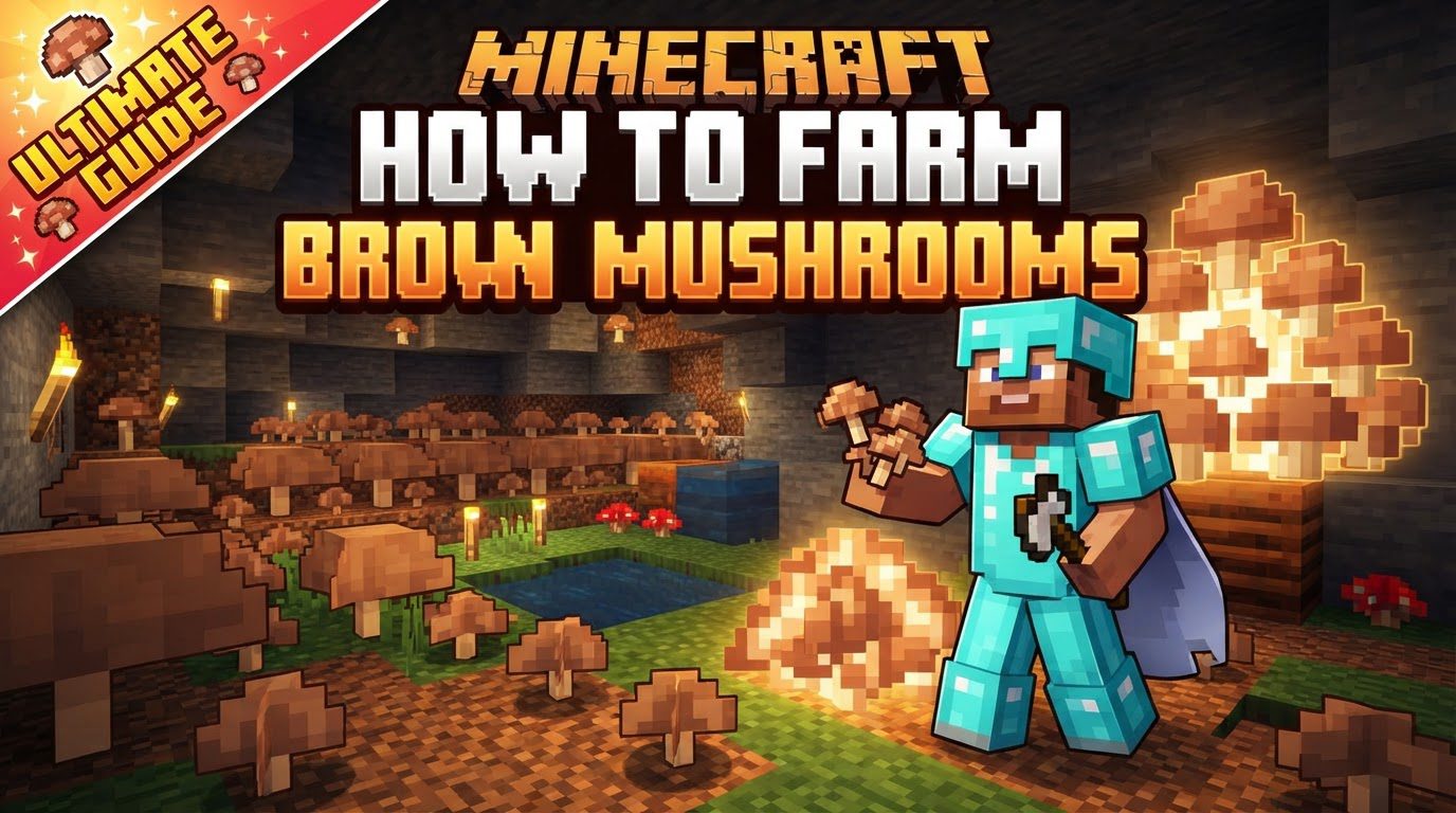 A dimly lit underground chamber with brown mushrooms growing on mycelium blocks, with a giant brown mushroom partially visible in the background.