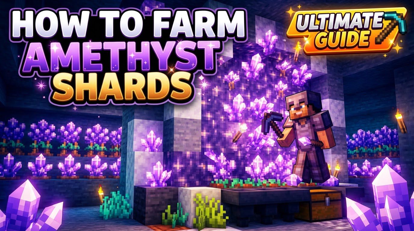 A player mining a fully grown Amethyst Cluster inside a glowing purple Amethyst Geode, surrounded by scaffolding.