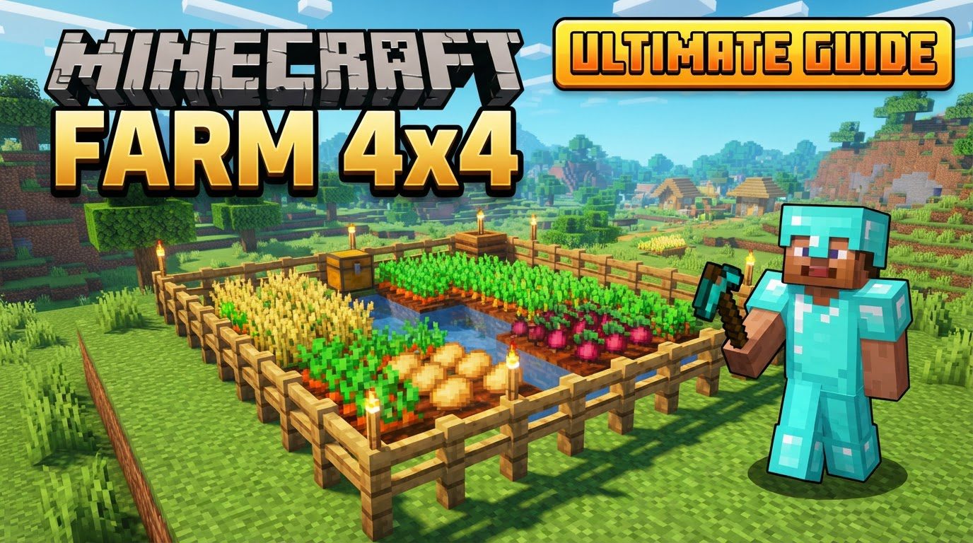 An aerial view of a compact 4x4 Minecraft farm with tilled soil, green sprouts, a central water source, torches for light, and a villager farmer tending the crops within a small fenced enclosure.
