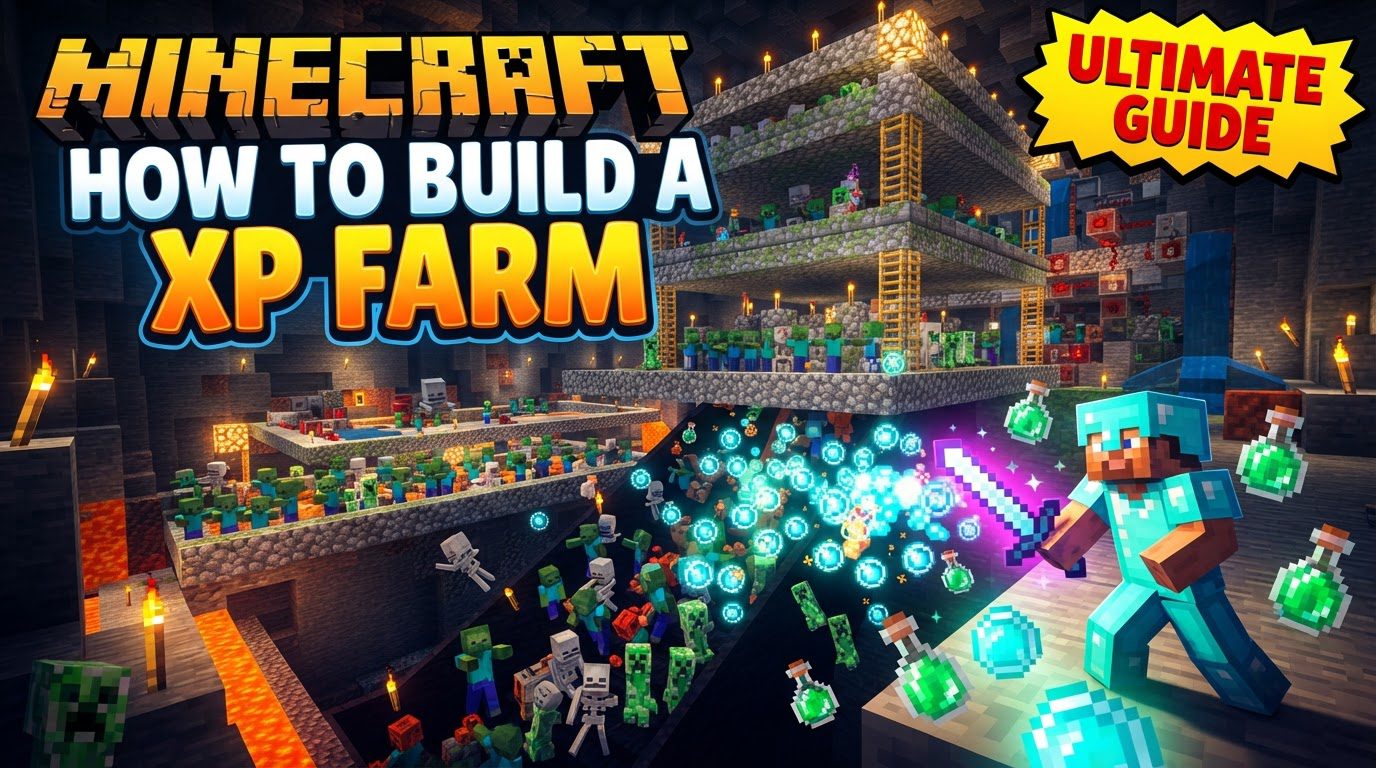 A player stands in a small kill chamber, hitting multiple weakened zombies and skeletons that have fallen into a pit, with item drops and experience orbs floating upwards.