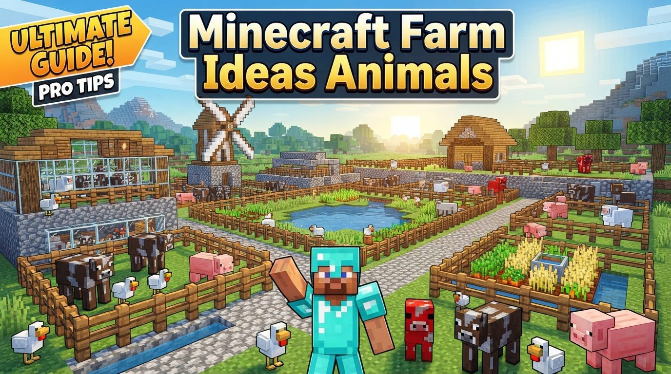An aerial view of a well-organized Minecraft animal farm with separate pens for cows, sheep, pigs, and chickens, surrounded by fences and pathways, with a small barn in the background.