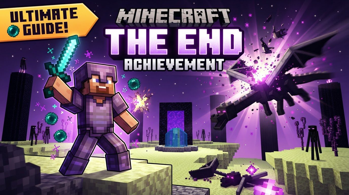 A player in enchanted diamond armor stands on an obsidian pillar, aiming a bow at the Ender Dragon flying in the purple-hued sky of The End, with glowing End Crystals in the background.