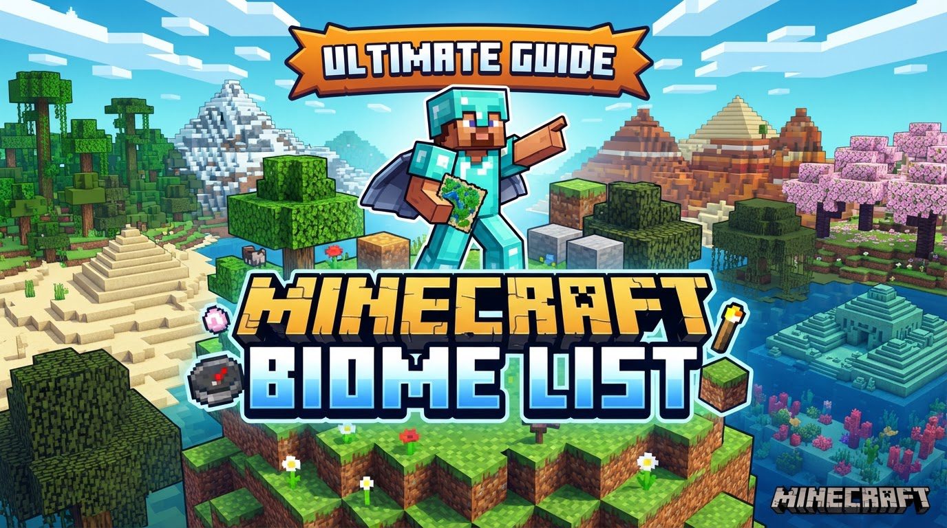A player stands on a grassy hill overlooking a diverse Minecraft landscape featuring a snowy mountain, a dense forest, and a desert in the distance under a sunny sky.