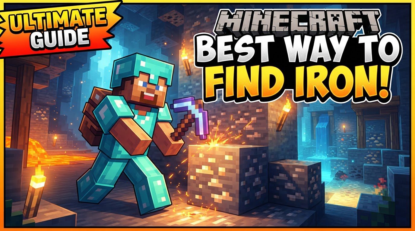 A player mining iron ore exposed on a cave wall, illuminated by torches.
