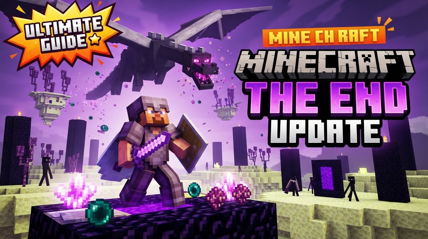 A player wearing Elytra glides over a vast landscape of purple Chorus Plants and white End Stone, with a towering End City visible in the distance.