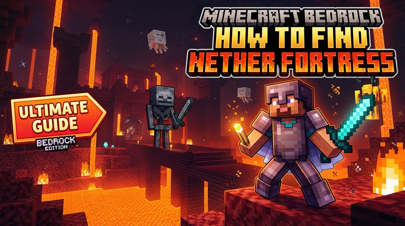 A player in diamond armor stands on a netherrack cliff overlooking a vast Nether landscape, with a large, dark Nether Fortress visible in the distance across a lava ocean.