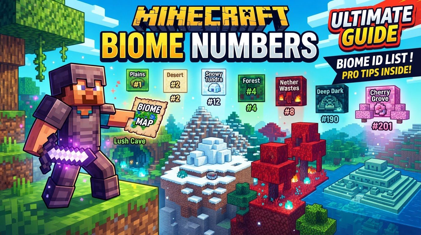 A player stands on a grassy hill overlooking a vast Minecraft landscape, showcasing diverse biomes including a desert, a forest, and snow-capped mountains in the distance, under a clear sky.