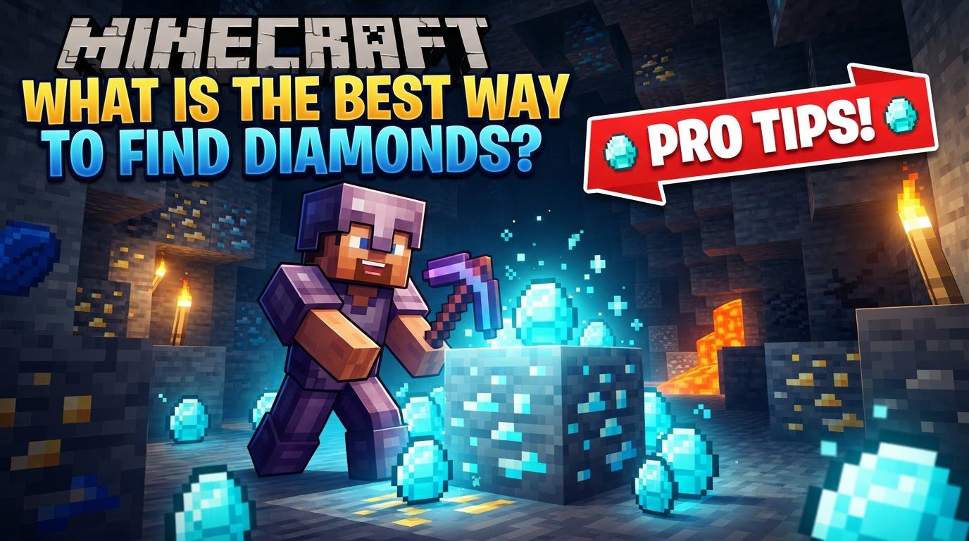 A player mining diamond ore with a pickaxe at a deep Y-level, surrounded by stone and a few exposed diamond blocks.