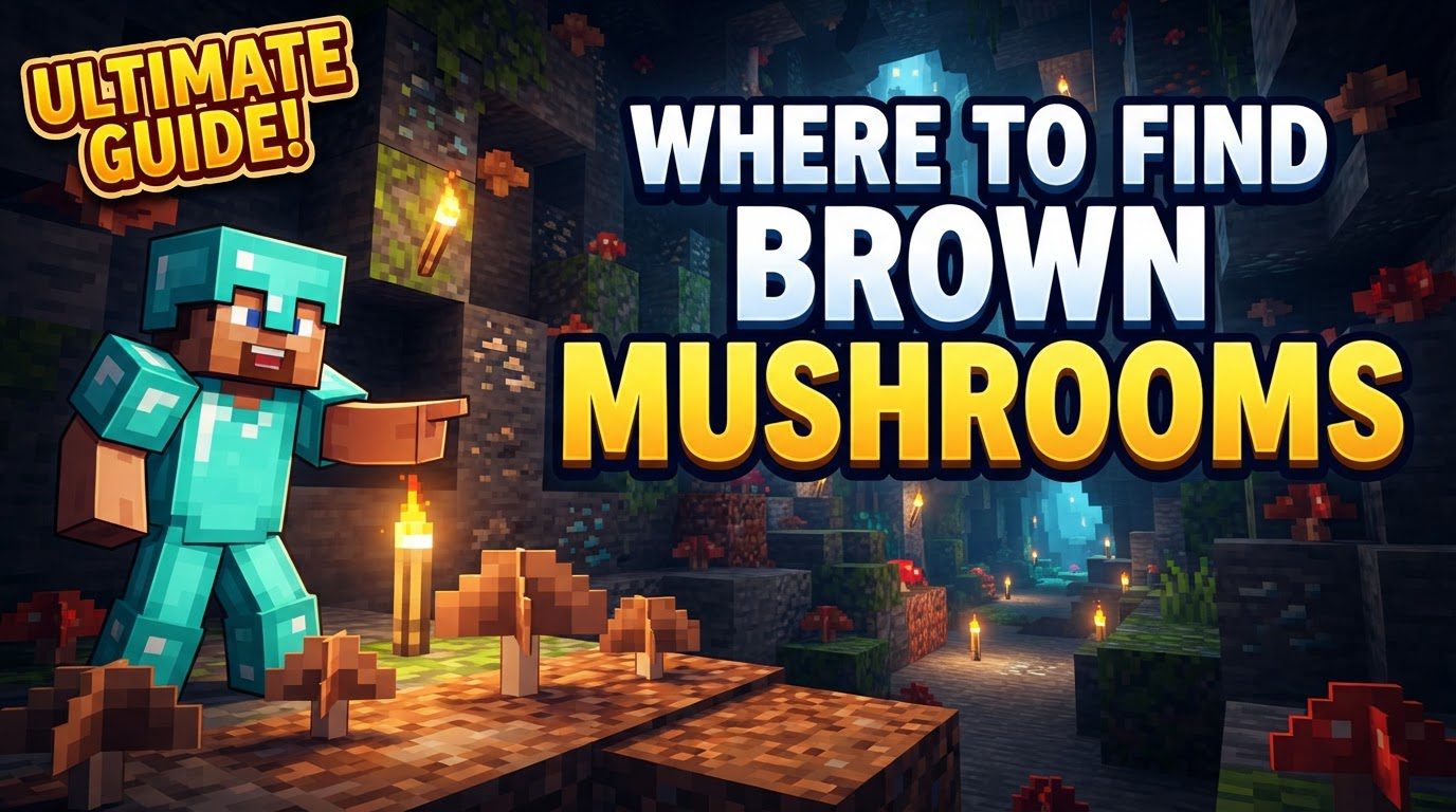 A player stands in a dimly lit underground mushroom farm, surrounded by growing brown mushrooms on mycelium, with a towering giant brown mushroom in the background.