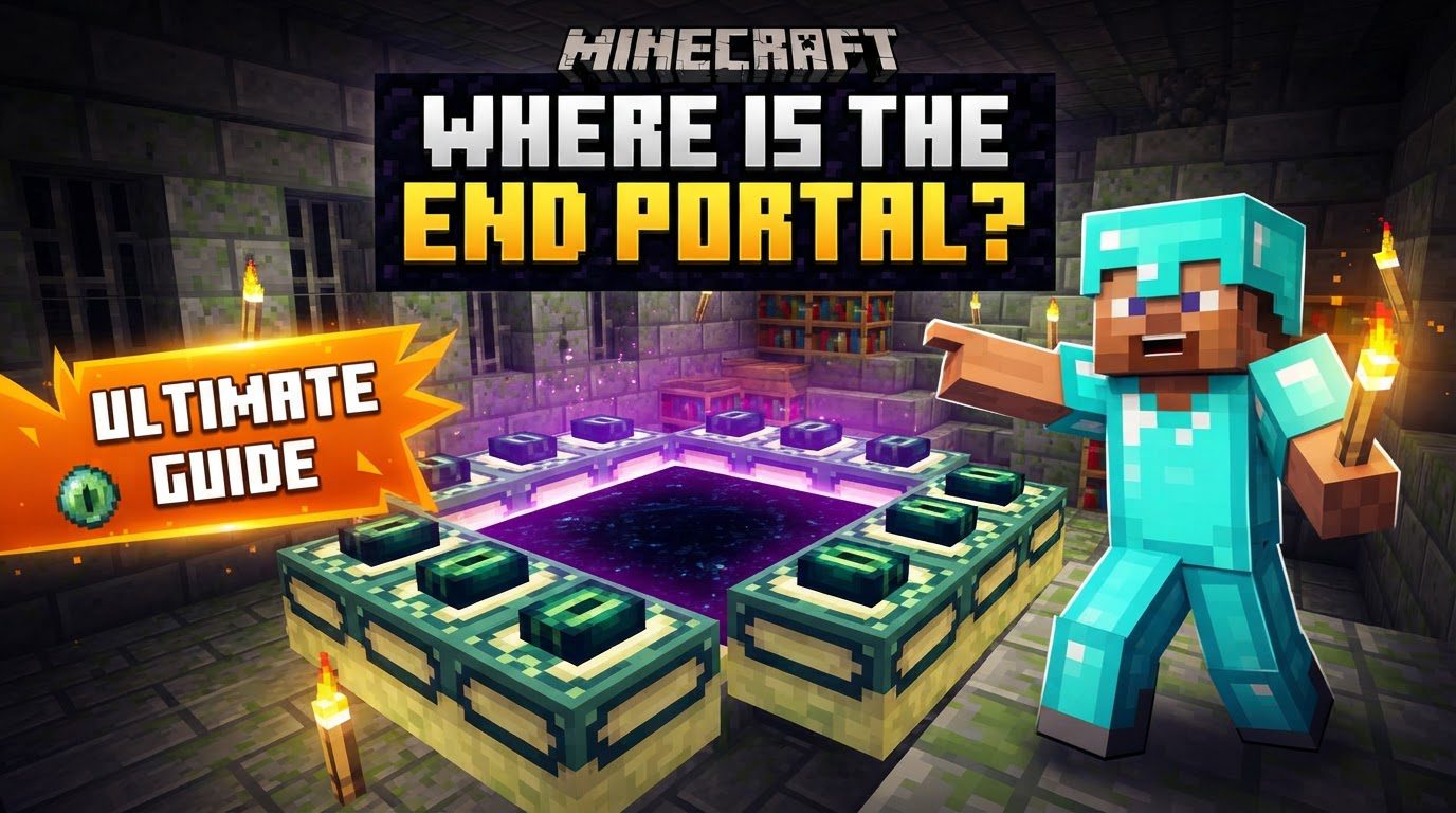 A player standing in a dark Stronghold portal room, looking at an activated End Portal with swirling purple and black particles.