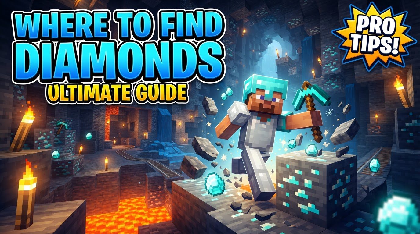 A player character mining diamond ore in a deep, torch-lit cavern with lava pools nearby.