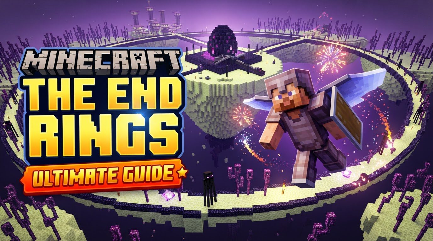 A player flying with an Elytra through a purple End Gateway, with outer End islands visible in the distance.