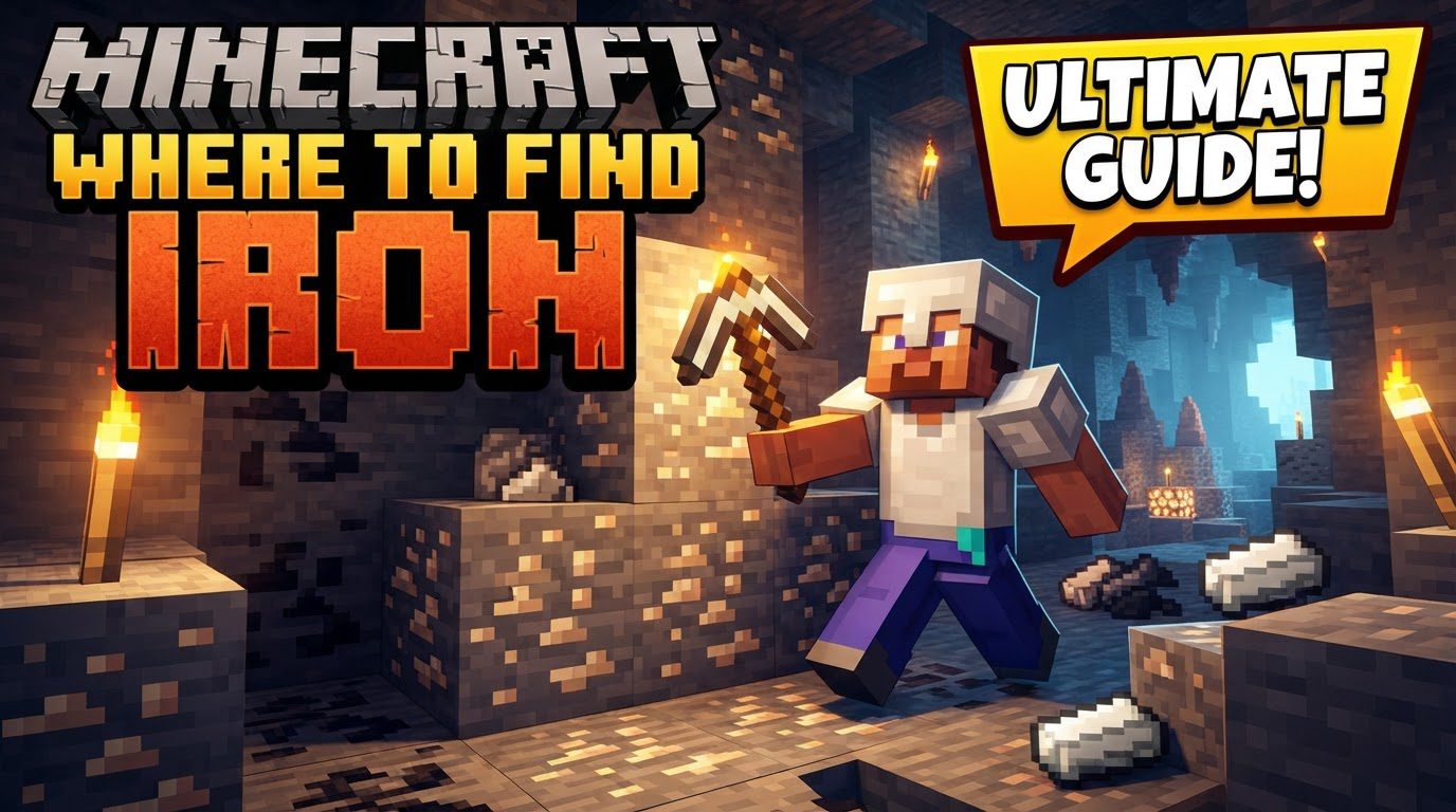 A Minecraft player in a deep cave system, holding a torch, looking at a cluster of iron ore blocks embedded in a stone wall.