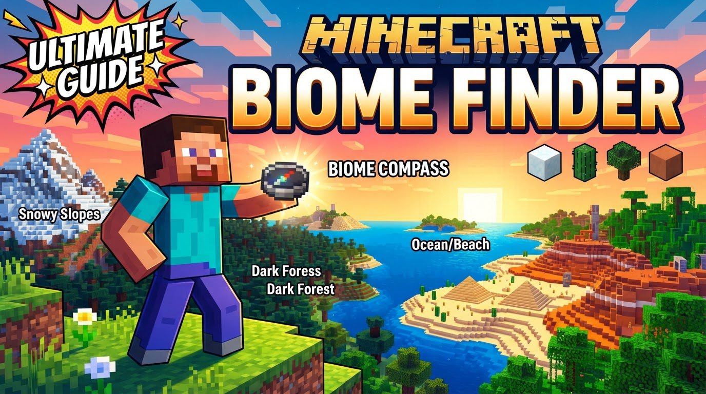 An overhead interactive map of a Minecraft world, showing different colored patches representing various biomes like forests, deserts, and oceans, with coordinate markers.