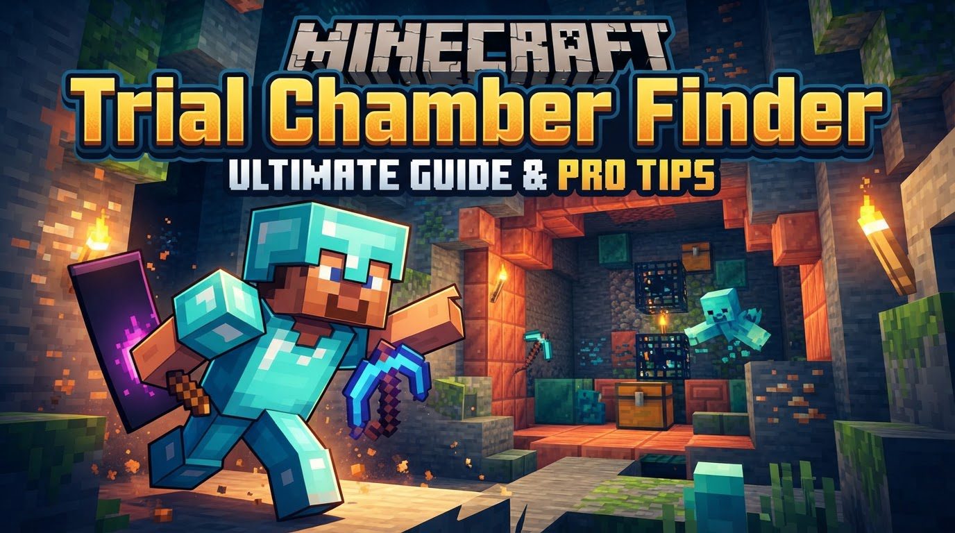 A player standing in a dimly lit, complex Trial Chamber, surrounded by copper and tuff blocks, with a Trial Spawner glowing in the distance.