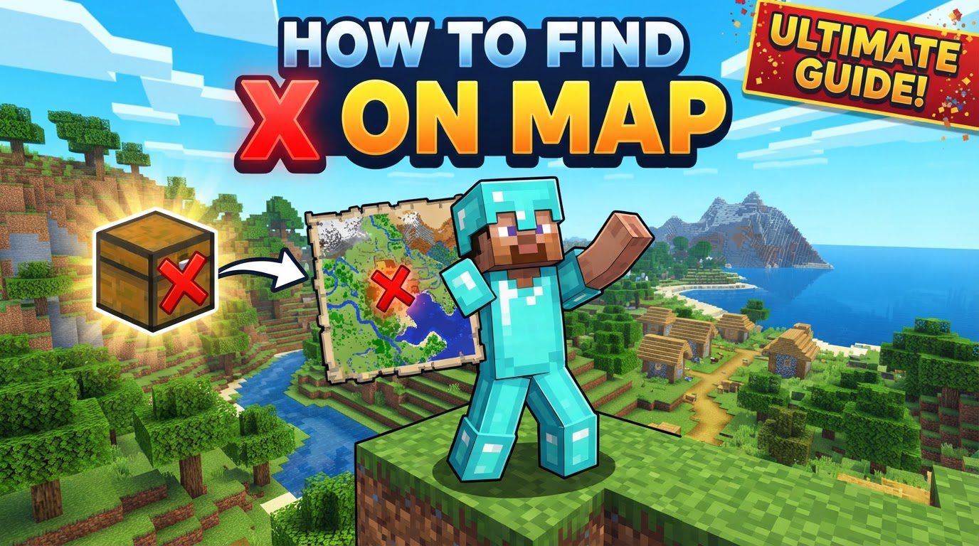 A player character holding a locator map, showing a white arrow on a detailed terrain, with a red 'X' visible in the distance.