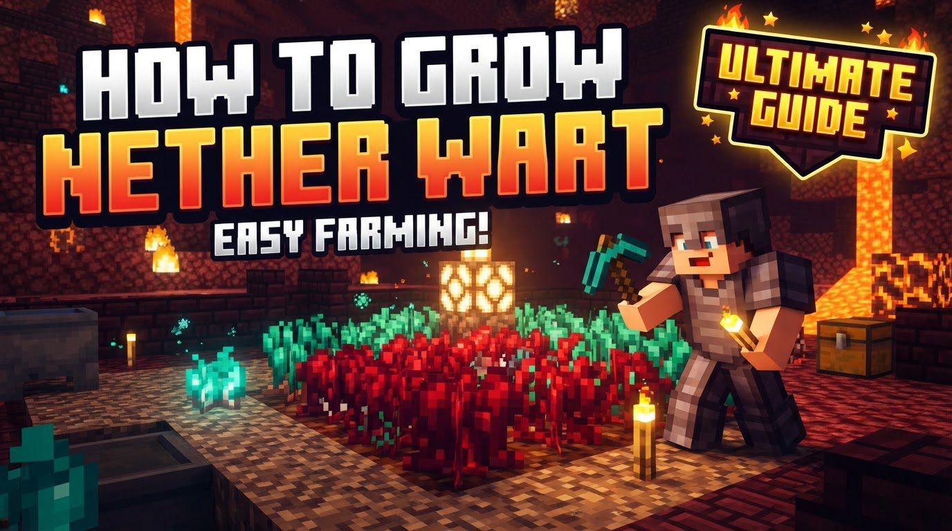 A well-organized Minecraft farm with rows of fully grown dark-red Nether Wart plants on Soul Sand blocks, surrounded by a protective stone wall.