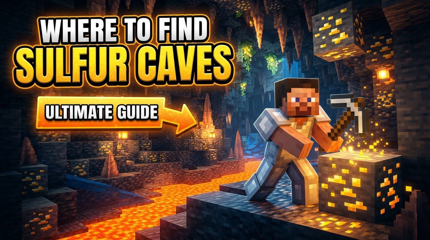 A player cautiously exploring a vibrant yellow and red underground cave, with bubbling sulfur pools and glowing lava streams.