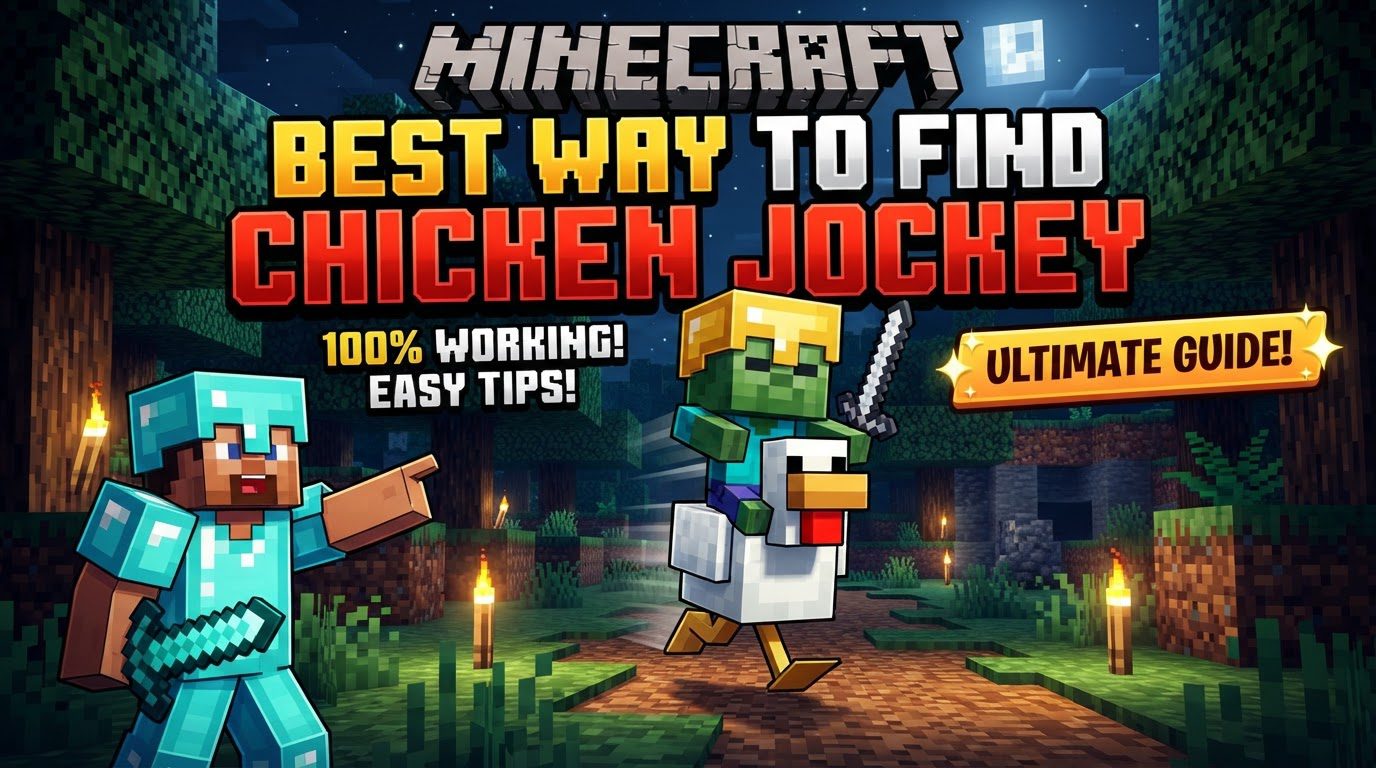 A baby zombie riding a chicken in a grassy Minecraft field at night.