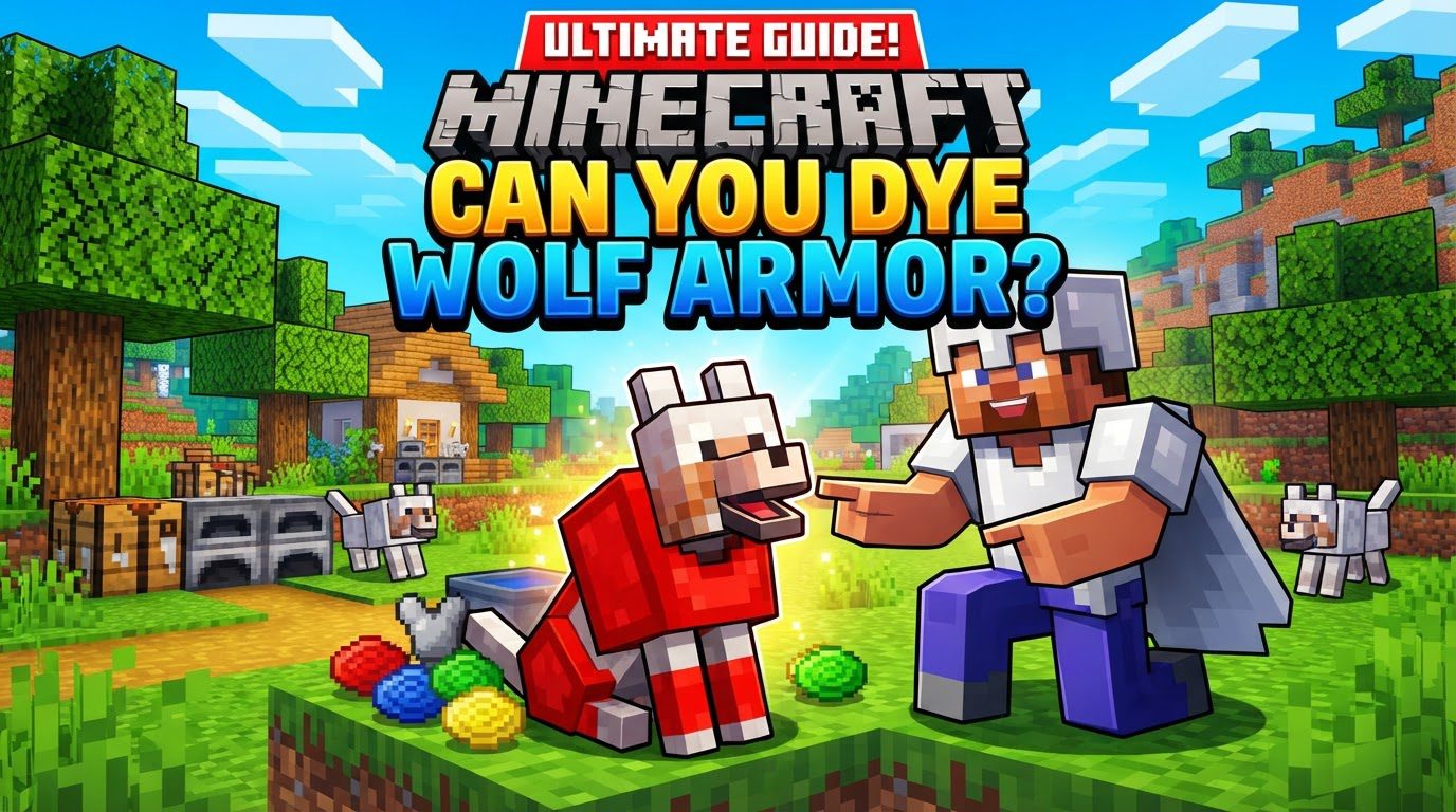 A pack of wolves wearing armor dyed in various vibrant colors, standing in a grassy Minecraft field.