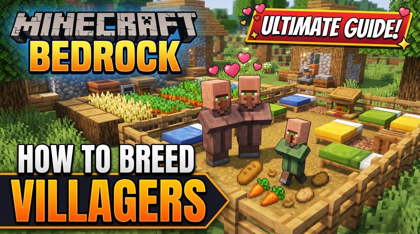 Two Minecraft villagers standing in a small, well-lit room, surrounded by beds and food items on the ground, with heart particles floating above their heads.