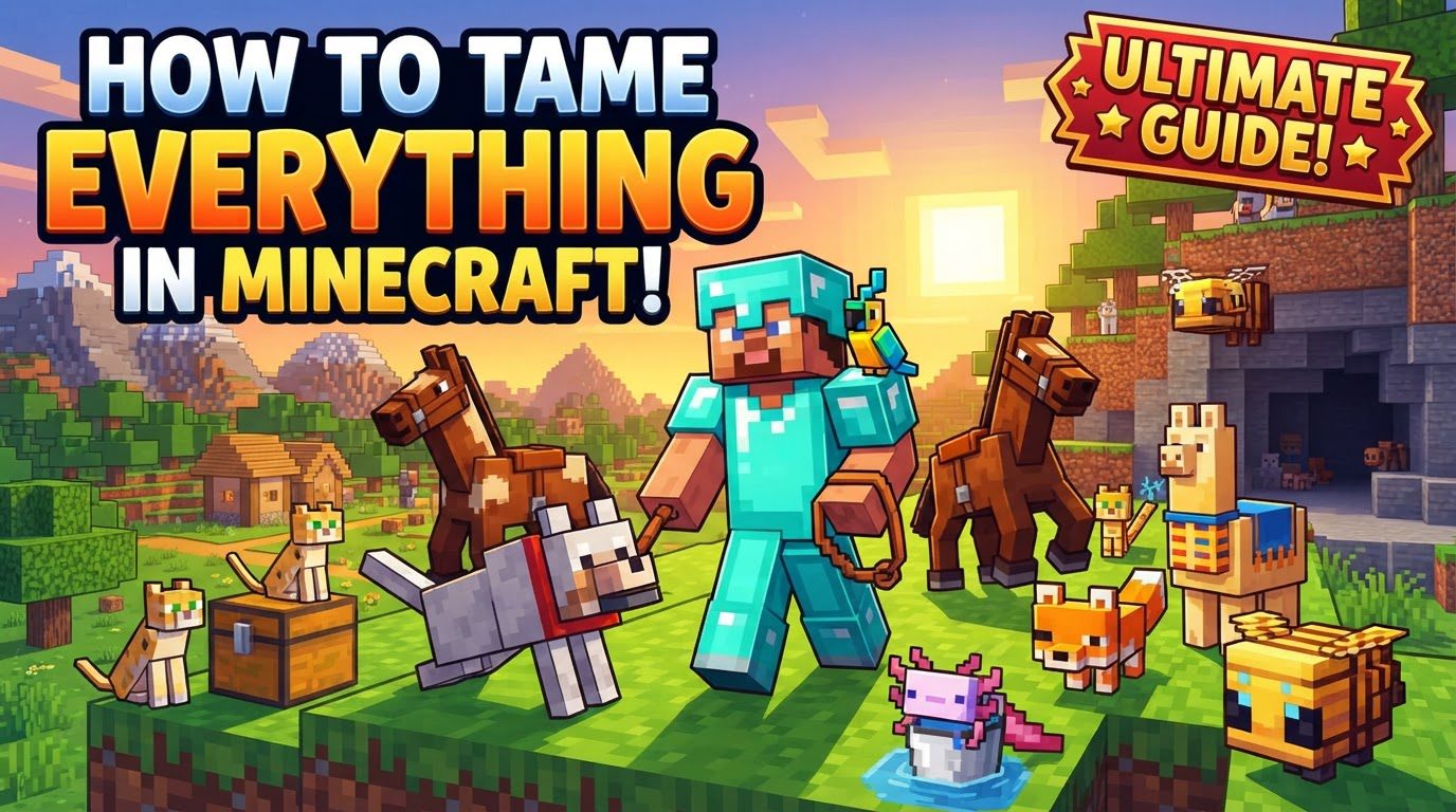 A player surrounded by various tamed Minecraft mobs including a wolf, a cat, a horse, a llama, a parrot on their shoulder, and an axolotl in a nearby pond.