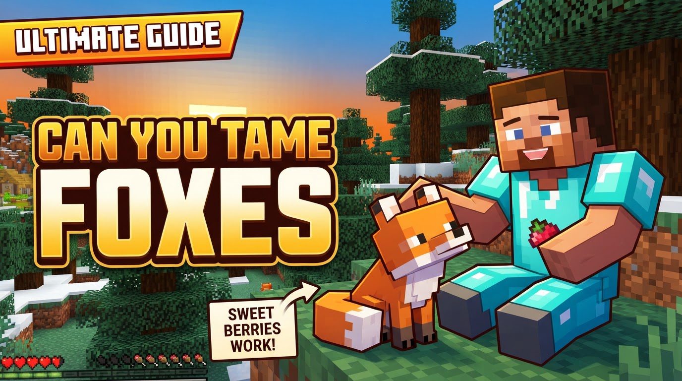 A player crouching near two adult foxes in a taiga biome, holding sweet berries, with a baby fox attached to a lead in the foreground.