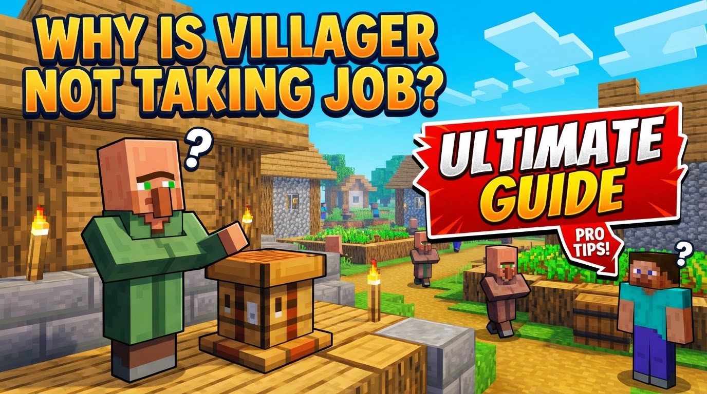 A confused villager in a plain brown robe standing next to a fletcher's fletching table, with multiple other job site blocks visible in the background.