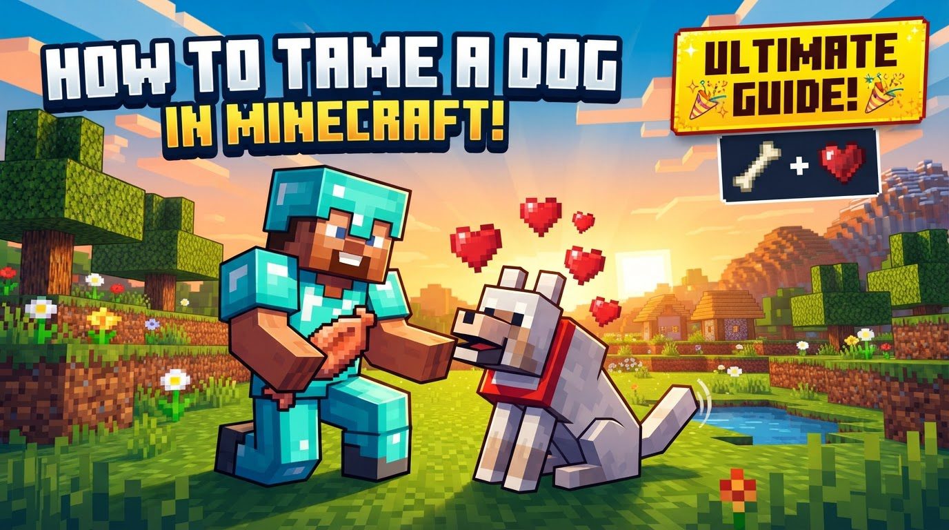 A player feeding a bone to a wild wolf in a taiga biome, with hearts appearing above the wolf's head.