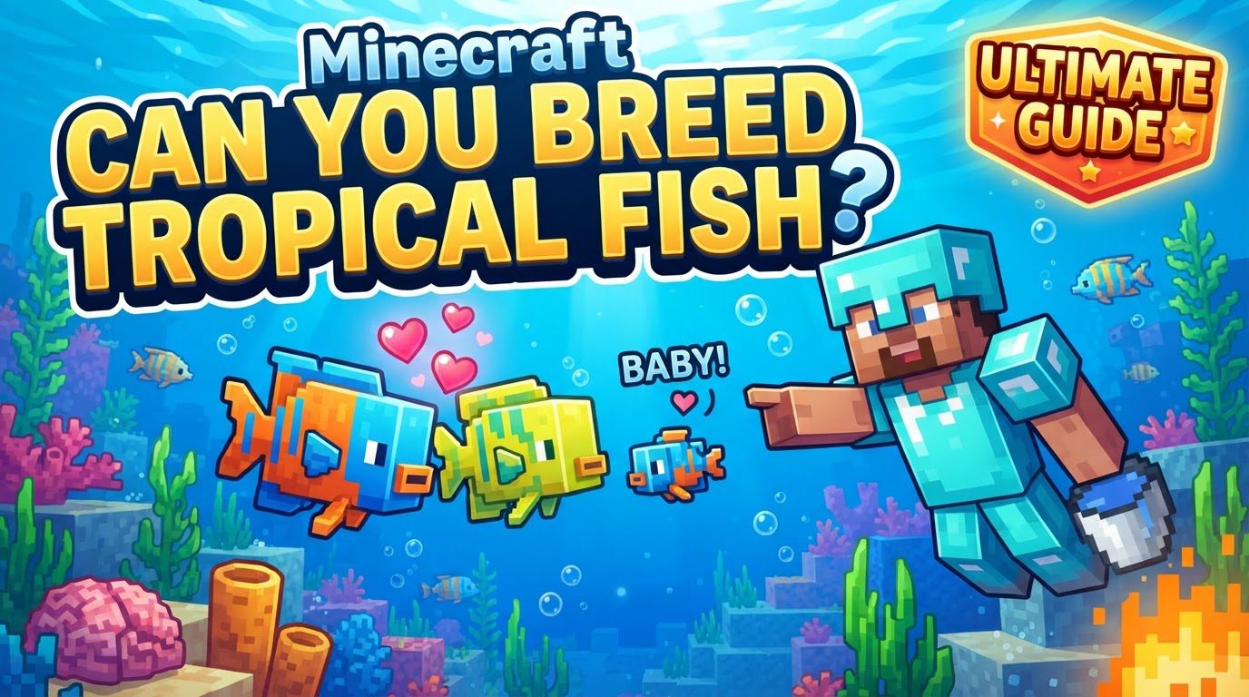 A player holding a bucket of tropical fish, standing next to a vibrant underwater coral reef filled with various colorful tropical fish.
