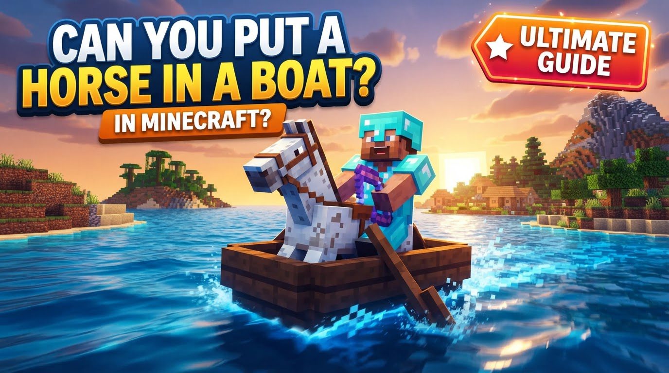 A player in a boat on a lake, with a baby horse sitting in the front of the boat and a lead attached to an adult horse swimming behind.