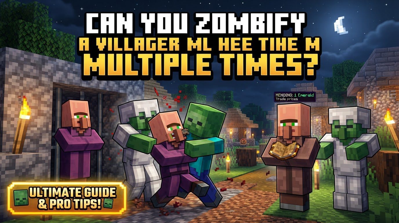 A Minecraft zombie villager shaking and emitting red particles inside a small, secure stone chamber, indicating it is in the process of being cured.