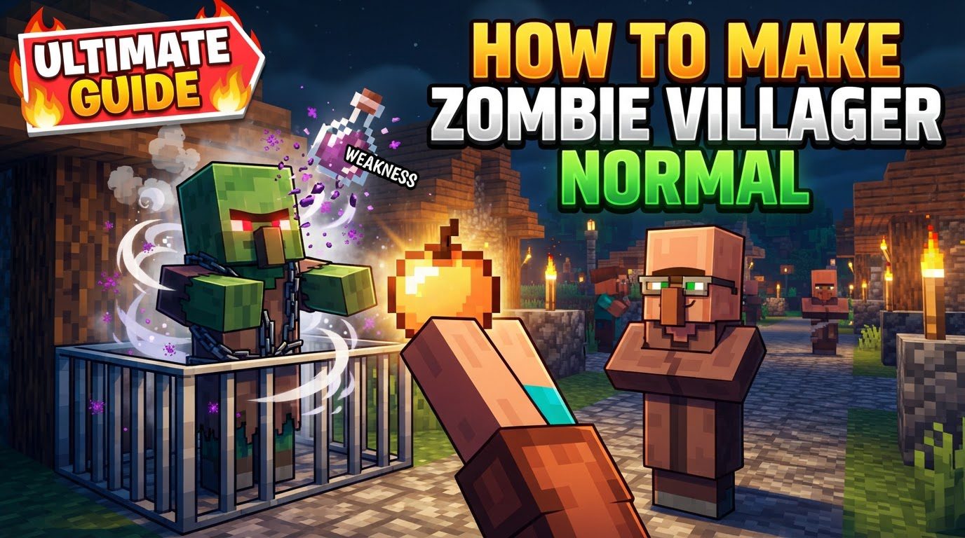 A Minecraft player in a small, dimly lit room, throwing a splash potion at a trapped zombie villager while holding a golden apple.