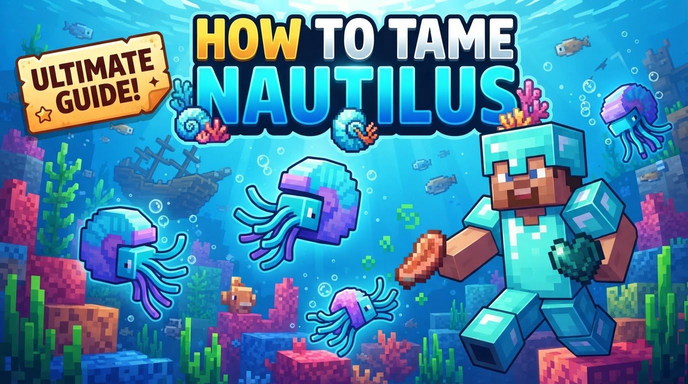 A player riding a tamed Nautilus through a vibrant coral reef, with an ocean monument visible in the distance.