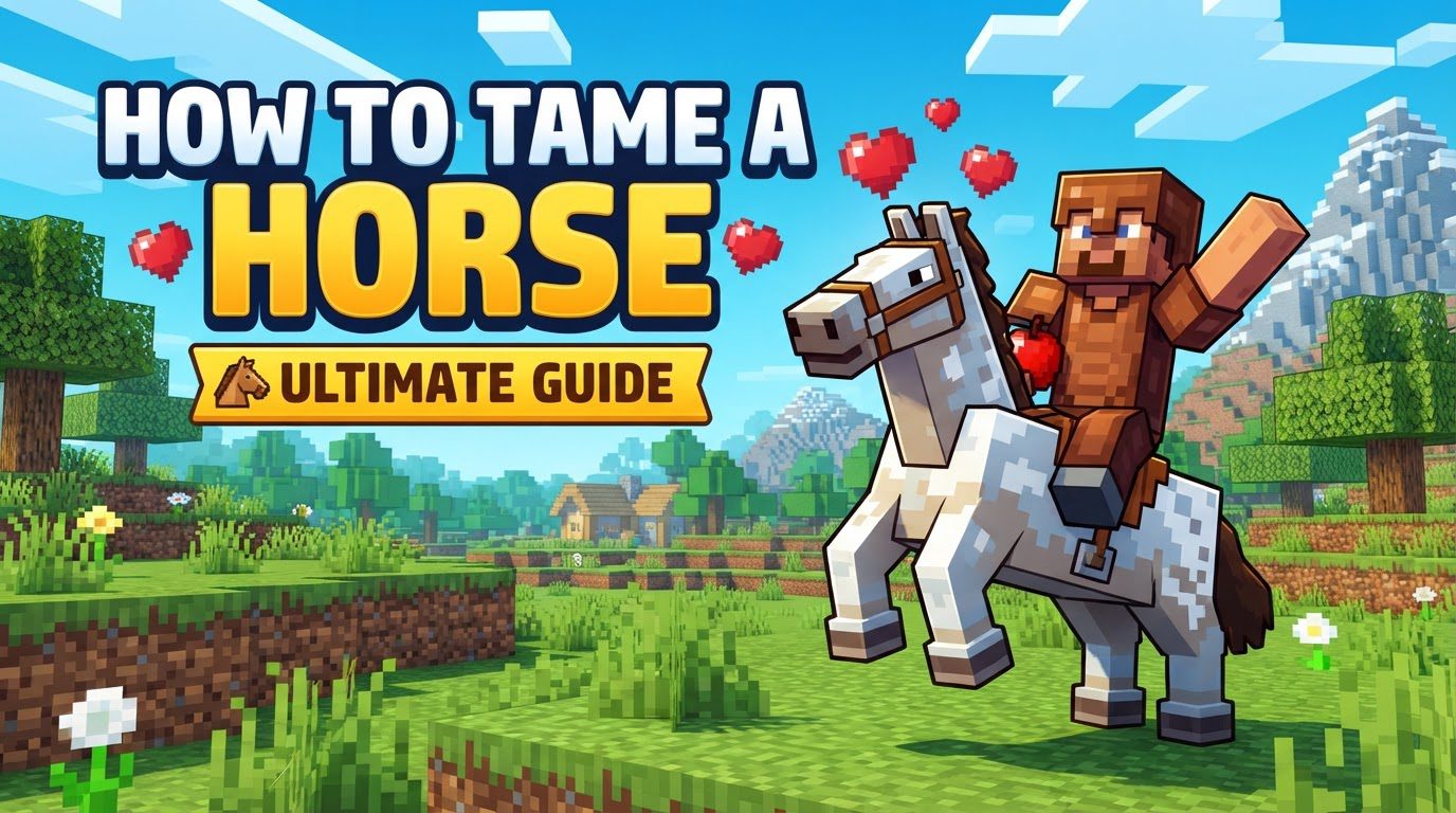 A player character riding a brown horse in a sunny plains biome, with heart particles floating around the horse's head.