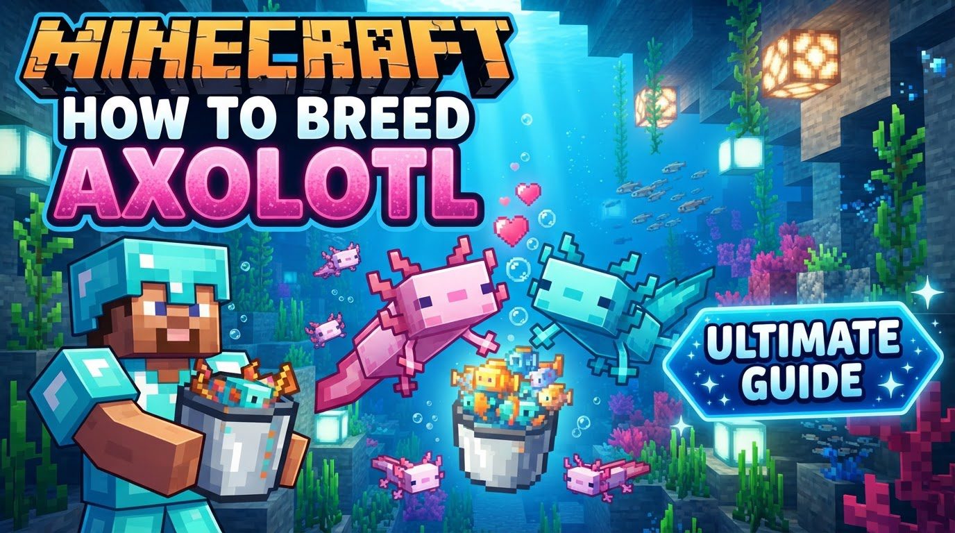 Two pink and one blue axolotl swimming in a clear water pool with a baby axolotl nearby, surrounded by lush cave flora.