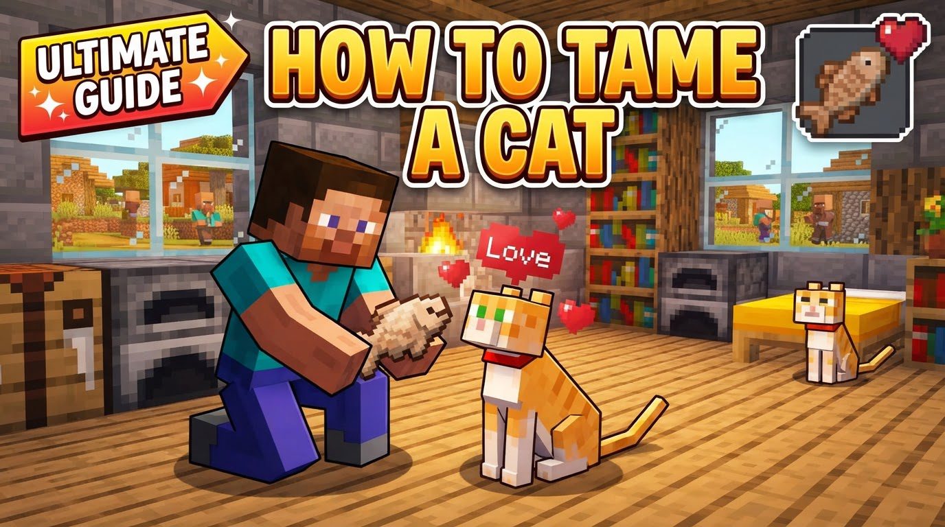 A player crouches slowly towards a black cat in a Minecraft village, holding raw salmon.