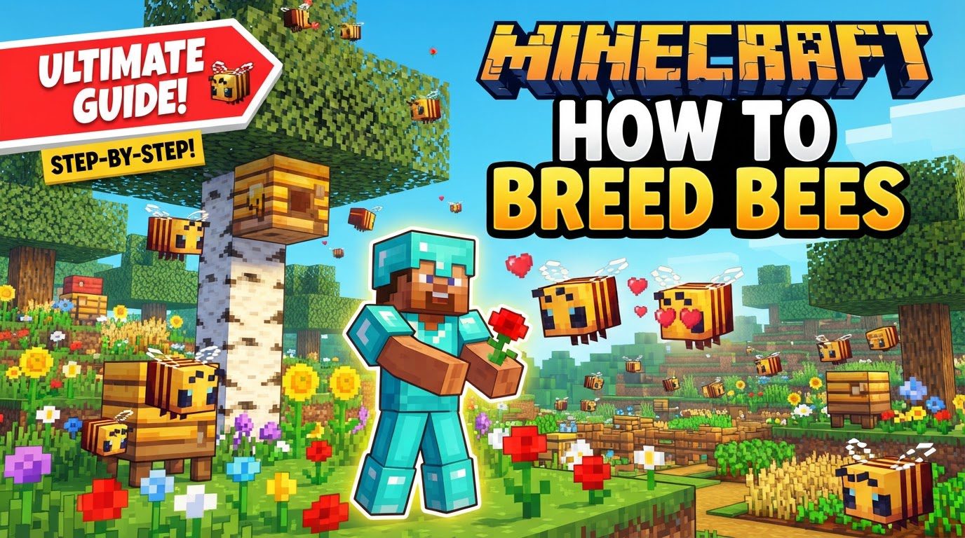 A player holding a red poppy, surrounded by two adult bees with red hearts floating above them, next to a wooden beehive in a vibrant flower field.