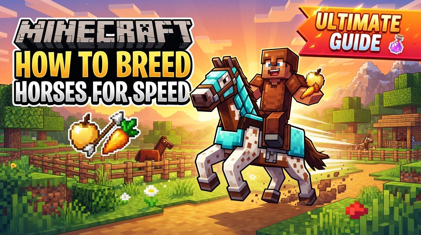 A group of Minecraft horses in a fenced pen, with hearts above two of them, and a small foal standing nearby.